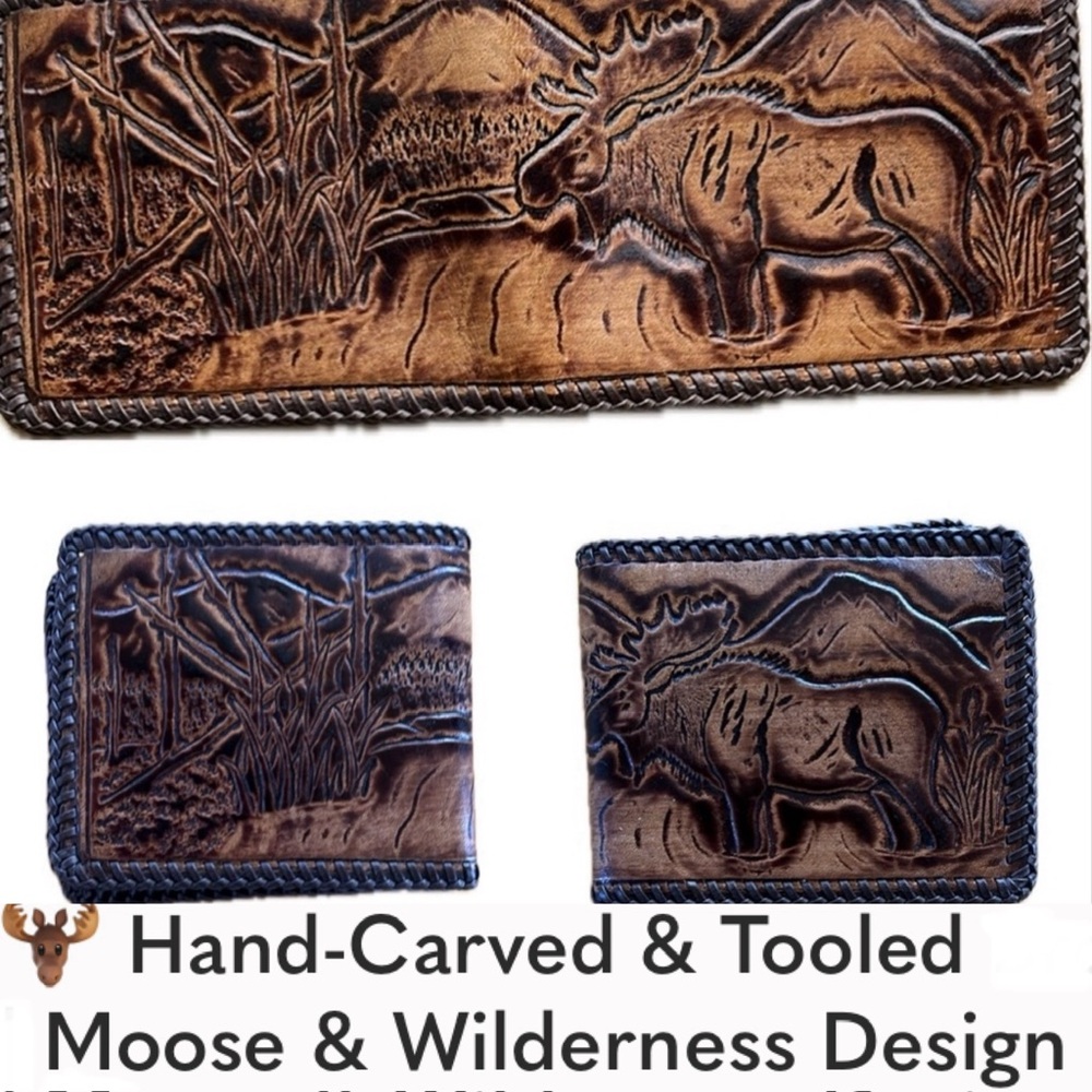 🫎 NEW Hand-Carved & Tooled Brown Leather Bi-Fold Wallet | Moose & Wilderness